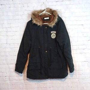 Z&I Womans‎ Black Out Door Brown Fur lined Jacket Coat Hooded  Packable S